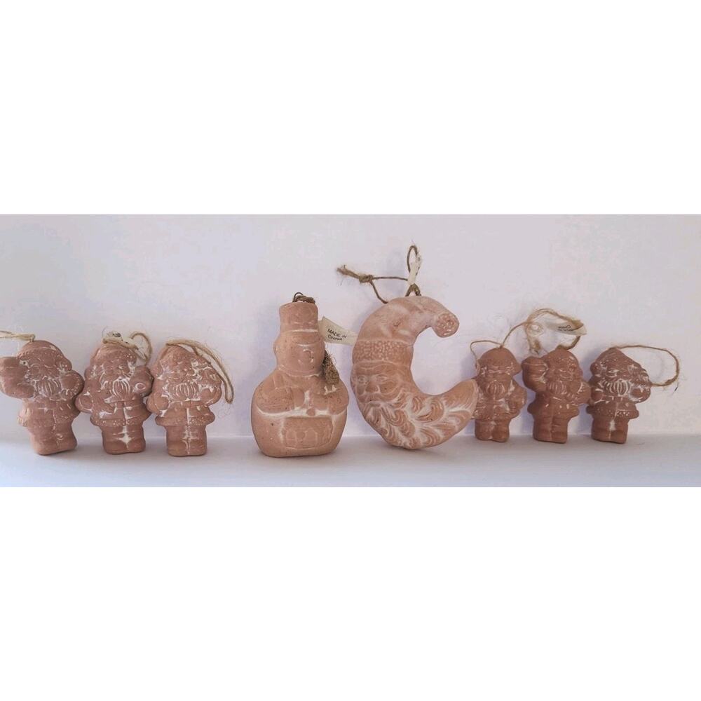 Lot Of 8 Vintage Terra Cotta Christmas Ornaments Pier 1 Santa Soldier Santa Moon
